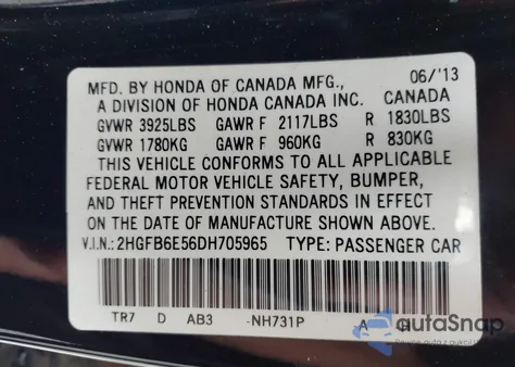 2013 Honda Civic Si from USA, damaged, VIN 2HGFB6E56DH705965